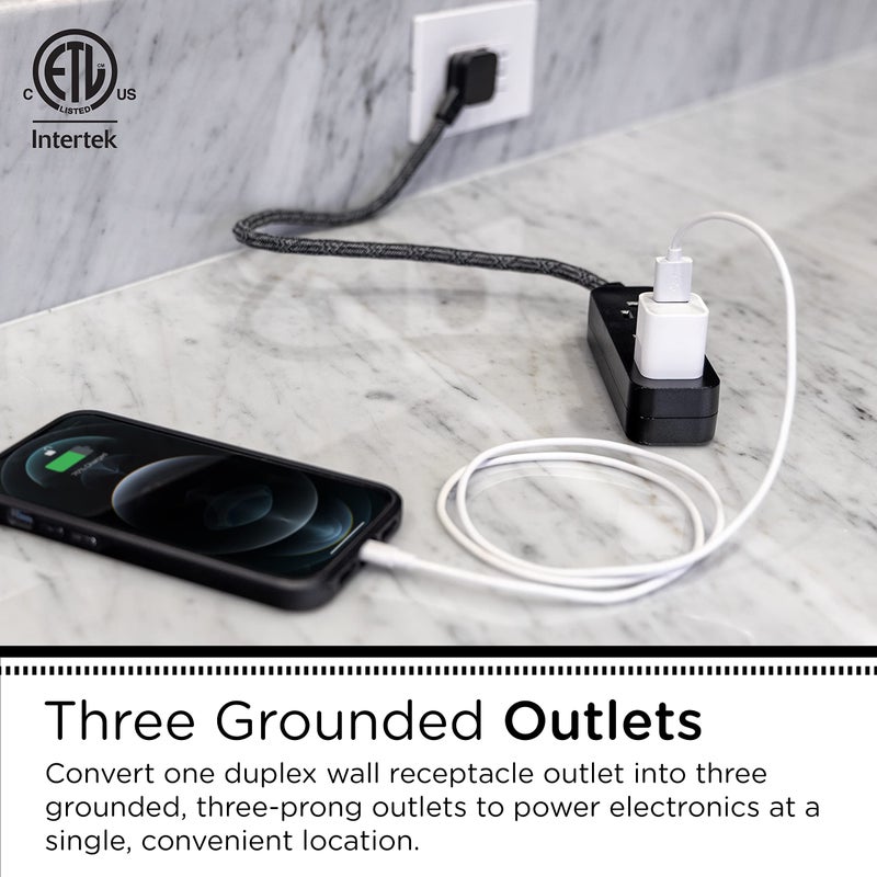 Cordinate Designer Mini 3-Outlet Power Strip, 18 in Braided Extension Cord, Grounded Adapter, Low-Profile Flat Plug, ETL Listed, Black/Dark Heather, 47298 - Image 4